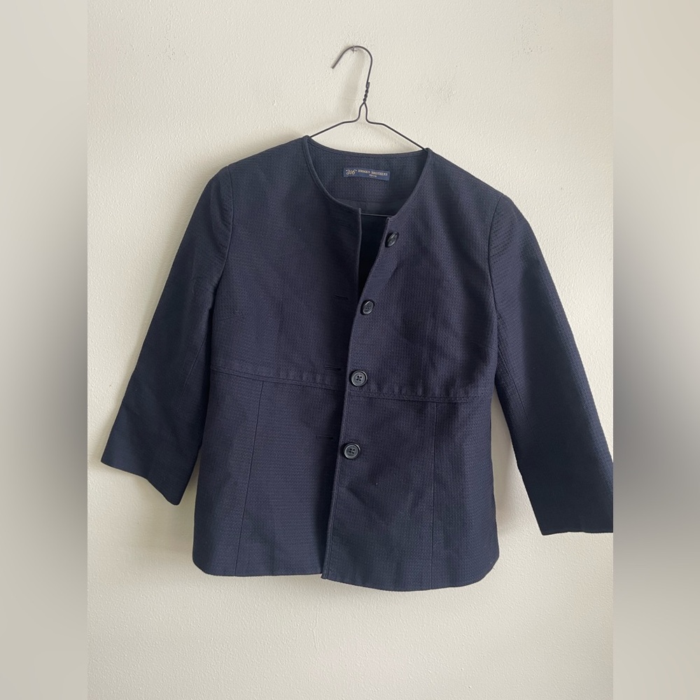 Brooks Brothers Navy Collarless Textured Blazer Jacket